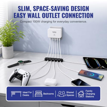 100W GaN USB C Charger Block, Slim Flat 6-Port Fast Charging Block