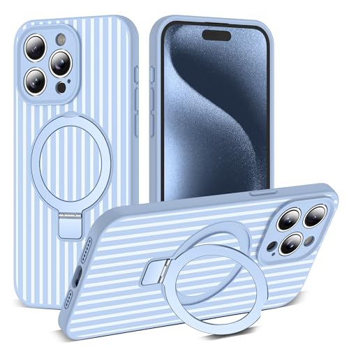 SKYLMW Striped Case for iPhone 15 Pro with Stand,6.1" Blue/White | Aesthetic Striped,Magnetic Stand,Compatible with Mag-Safe,Silicone 15 Pro Phone Case - color: Blue/White, size: Iphone 15 Pro