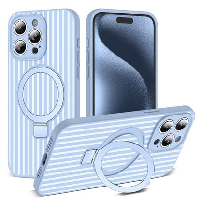 SKYLMW Striped Case for iPhone 15 Pro Max with Stand,6.7" Blue/White | Aesthetic Striped,Magnetic Stand,Compatible with Mag-Safe,Silicone 15 Pro Max Phone Case - color: Blue/White, size: Iphone 15 Pro Max