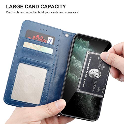 Bocasal Detachable Wallet Case Card Holder for iPhone 11, Blue | Kickstand Card Slots Holder PU Leather Magnetic Shockproof Wrist Strap Removable Flip Protective Cover 6.1 inch - color: Blue