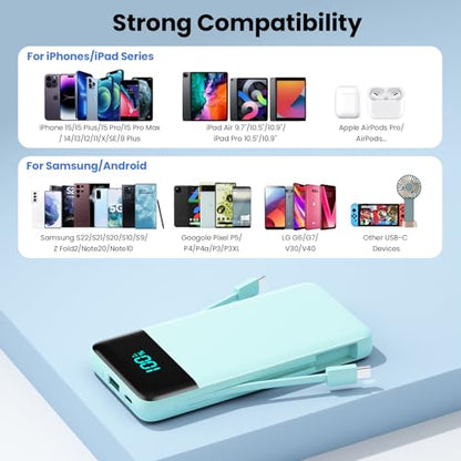 Portable Charger with Built-in AC Plug and Cables,13800mAh All in One USB C Fast Charging Power Bank,Travel Essentials Portable Phone Charger Battery Pack for iPhone 17/16/15/13,Galaxy,Android-Green - color: Green