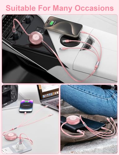 3-in-1 Retractable Multi Charging Cable, 100W Fast Charging USB-C/A to Lightning/USB-C/Micro USB for iPhone 16, 15, 14 Pro Max, Samsung Galaxy, Kindle, Travel Charger for Multiple Devices (Pink)