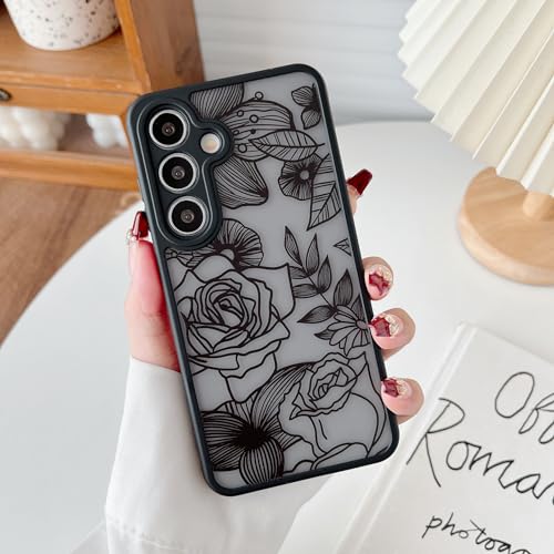 XIZYO for Samsung Galaxy S25 Plus Case Cute Floral, Black | Girly Women Flower Rose Aesthetic Pattern, Full Camera Protection Translucent Matte Anti-Yellowing TPU Shockproof Cover - color: Black, size: for Samsung Galaxy S25 Plus