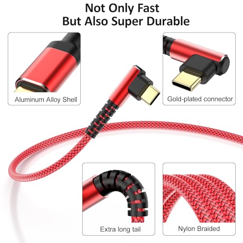 60W USB-C to USB-C Charge Cable,3-Pack 10ft Braided Right Angle USB C Cable - color: Red