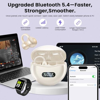 Clip on Earbuds,Open Ear Earbuds Wireless Bluetooth 5.4, Lightweight Open Ear Headphones with Mic 60H Battery,Waterproof, for Sports, Running, Small Ears & Glasses Wearers,Workouts - color: Beige