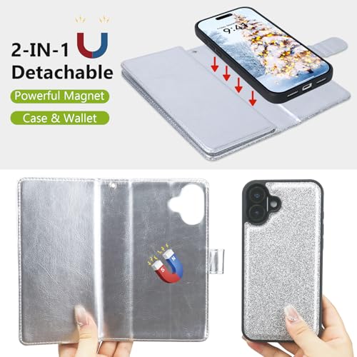 Varikke for iPhone 17 Glitter Case Wallet Magnetic Detachable, Silver - color: (Standard) Silver, size: iPhone 17 6.3"