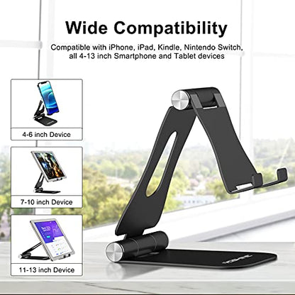 YOSHINE Cell Phone Stand, Upgraded Phone Stand for Desk, Adjustable Tablet Stand, Foldable Portable Aluminum Phone Holder, Cradle, Dock for All iPhone Smartphones and iPad Tablets(4-13in) - Black - color: Black