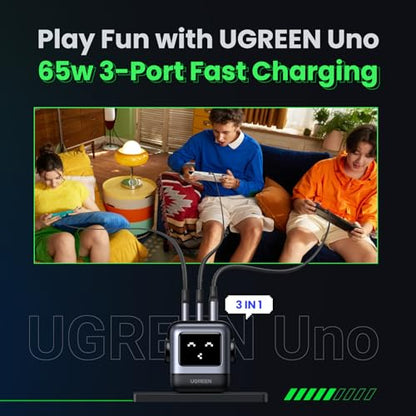 UGREEN Uno 65W 3-Port USB C Charger Adapter, GaN Fast Charging Block, Black - color: Black