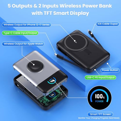 Ekrist Magnetic Portable Charger 10800mAh for MagSafe with Built-in Cable,iWatch Charger,Wireless Power Bank Travel Essentials,25W Fast Charging Battery Pack for iPhone 17/16/15/14,Apple Watch(Sliver) - color: Sliver
