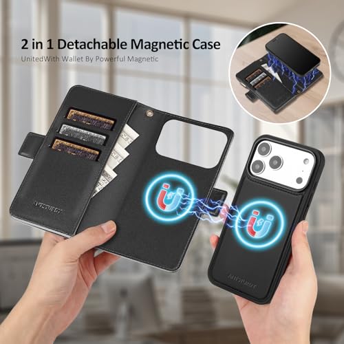 Antsturdy Compatible with MagSafe iPhone 17 Pro Wallet Case,Black | Detachable Magnetic Credit Card Holder,RFID Blocking,PU Leather Zipper Purse,Wrist Strap Kickstand,Flip Phone Cover for Women - color: (Detachable with Magsafe)-Black