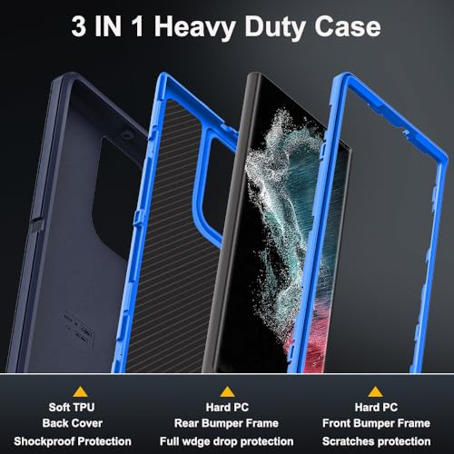 for Samsung Galaxy S22 Ultra Case with 2Pcs Self Healing Flexible TPU Screen Protector & Camera Lens Protector, 3 in 1 Heavy Duty Shockproof/Drop Proof/Dust Proof Case (Navy Blue) - color: Navy Blue