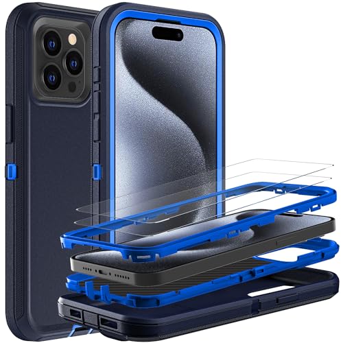 YKHJKLEC for iPhone 15 Pro Case, Military Grade 3 in 1 Heavy Duty Shockproof/Drop Proof/Dust Proof Case with 2Pcs Tempered Glass Screen Protector (Navy Blue) - color: Navy Blue