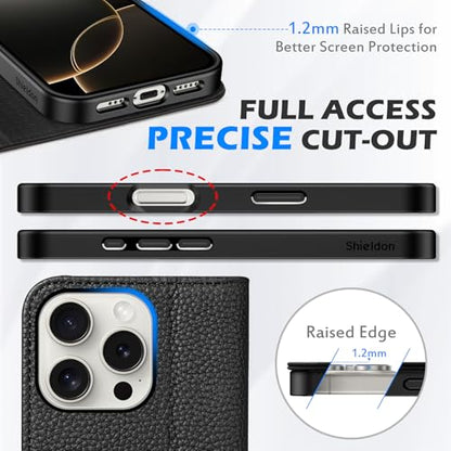 SHIELDON Genuine Leather Wallet Case for iPhone 16 Pro 6.3", Pebbled Black | Magnetic Closure, RFID Blocking, Credit Card Holder, Viewing Stand, Folio Design, Shockproof Protective Cover - color: Pebbled Black