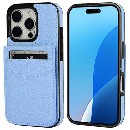 KIHUWEY for iPhone 16 Pro Wallet Case Card Holder, Lichee Light Blue | Credit Card Slots, PU Leather, Kickstand, Magnetic, Flip Heavy Duty Protection Cover for Men Women - color: Lichee Light Blue