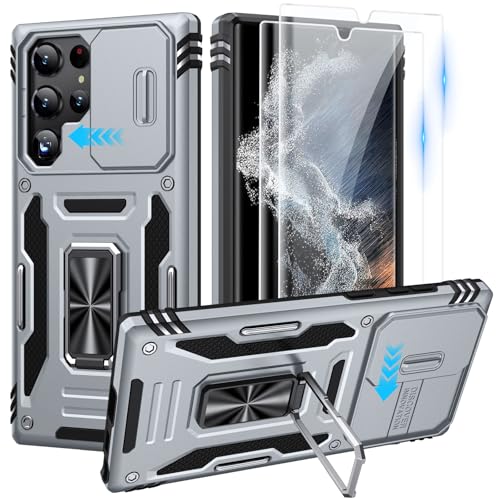 for Samsung Galaxy S22 Ultra Case with 2 PCS HD Screen Protector, Military Grade Protection Metal 360 ° Rotating Ring Kickstand Slide Camera Cover, Shockproof for Galaxy S22 Ultra Case, Gray | 2 PCS HD Screen Protector, Magnetic Metal 360 ° Rotating Kicks