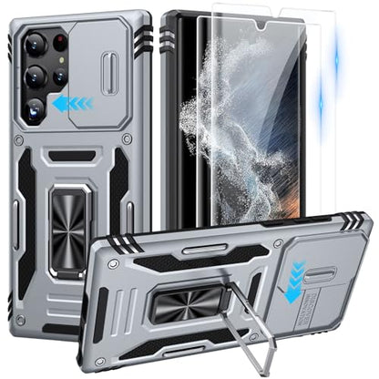 for Samsung Galaxy S22 Ultra Case with 2 PCS HD Screen Protector, Military Grade Protection Metal 360 ° Rotating Ring Kickstand Slide Camera Cover, Shockproof for Galaxy S22 Ultra Case, Gray | 2 PCS HD Screen Protector, Magnetic Metal 360 ° Rotating Kicks