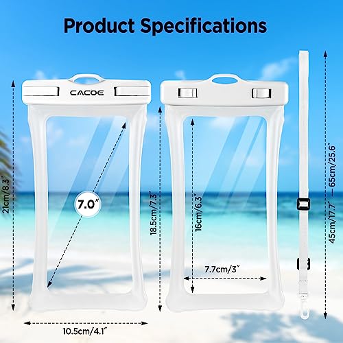 CACOE Floatable Waterproof Phone Pouch 2 Pack Up to 7.0",White+Blue | Floatable, IPX8 Waterproof Phone Case,Adjustable Lanyard,Dry Bags for Beach/Cruise/Travel/Camping/Kayak/Vacation Essentials - color: White+Blue