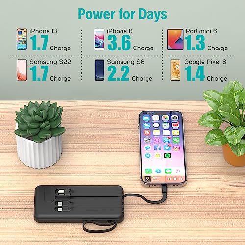 Portable Charger with Built in Cables,10000mAh Slim USB C Power Bank, Black - color: Black