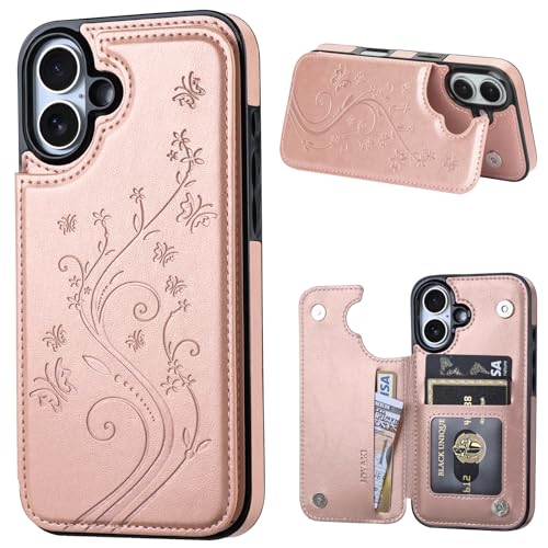 Wallet Case Compatible with iPhone 16 6.1”, Slim Protective Case with Card Holder,Premium PU Leather Kickstand Card Slots Case with Double Magnetic Clasp-Rose Gold - color: Rosegold-F, size: iphone 16 6.1"