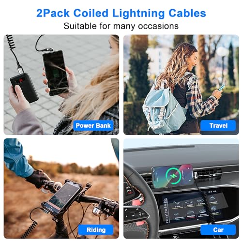 90 Degree Coiled Lightning Cable, 2 Pack iPhone Charger Cable for Apple Carplay [MFi Certified], USB Fast Charging Coiled Lightning Cable Right Angle Compatible with iPhone/iPad/iPod/Car