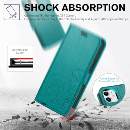 TUCCH Wallet Case for iPhone 11 (6.1") 2019, Flip Stand, Cyan | RFID Blocking, 3 Card Holders, Kickstand, PU Leather, Shockproof TPU Shell, Magnetic Closure, Protective Folio Cover - color: Cyan - Textured