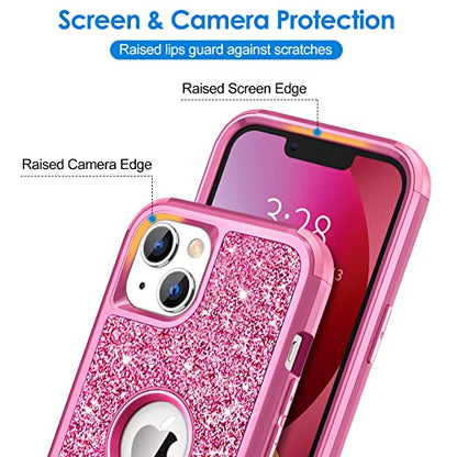 Hython Case for iPhone 13 Case Glitter, Cute Sparkly Shiny Bling Sparkle Cover, Heavy Duty 3 in 1 Hybrid Hard PC Soft TPU Bumper Full Body Shockproof Protective Phone Cases for Women Girls, Rose Red - color: Rose Red