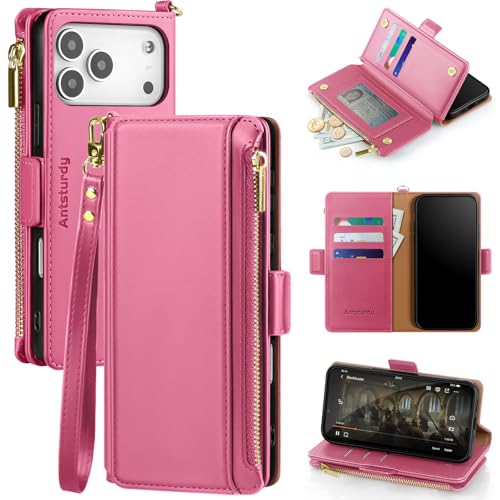 Antsturdy for iPhone 17 Pro Phone Wallet Case Women,Hot Pink | RFID Blocking,with Credit Card Holder Slots,PU Leather Purse,Zipper Pocket,Wrist Strap Kickstand,Flip Folio Cover for Men - color: Hot Pink