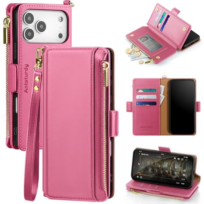 Antsturdy for iPhone 17 Pro Phone Wallet Case Women,Hot Pink | RFID Blocking,with Credit Card Holder Slots,PU Leather Purse,Zipper Pocket,Wrist Strap Kickstand,Flip Folio Cover for Men - color: Hot Pink