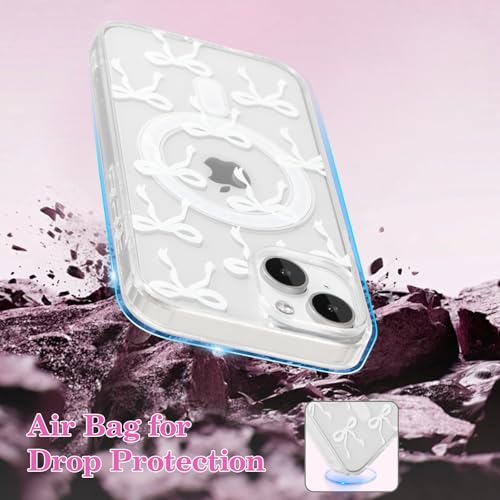UEEBAI Magnetic iPhone 14 & 13 Case, Bow Compatible With MagSafe, Wireless Slim Clear Ribbon Phone Cover Anti-Yellowing Shockproof Protective for Women Girl - White - color: White, size: iPhone 13/14