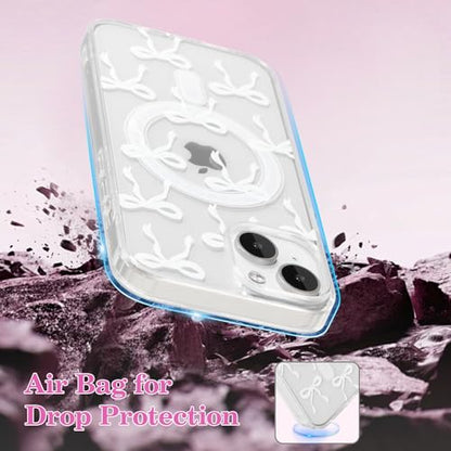 UEEBAI Magnetic iPhone 14 & 13 Case, Bow Compatible With MagSafe, Wireless Slim Clear Ribbon Phone Cover Anti-Yellowing Shockproof Protective for Women Girl - White - color: White, size: iPhone 13/14