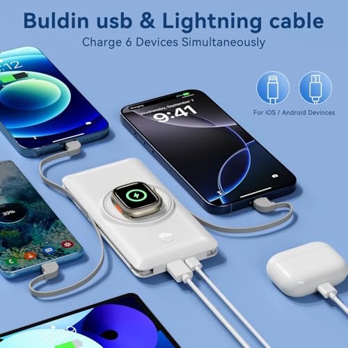Magnetic 10000mAh Portable Charger for iWatch & iPhone, PD Fast Charging Wireless Power Bank Built-in Cables and Wall Plug, External Travel Battery Pack Compatible with iOS Android Phones - color: White