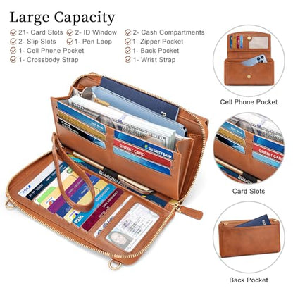 Peacocktion Womens Crossbody Wristlet Wallets with Cell Phone Pocket RFID Vegan Leather Cross Body Purses Travel - color: 02-brown