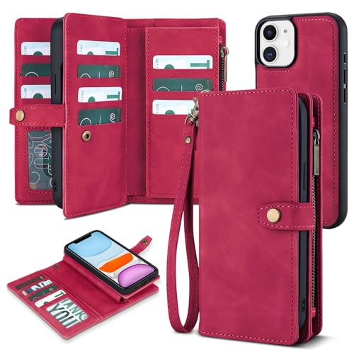TwoHead for iPhone 11 Wallet case with 11 Card Holder (Wine Red) | Detachable Magnetic Phone Case, PU Leather Wallet for Women/Men,Wireless Charging Compatible,with Wrist Strap - color: Wine Red