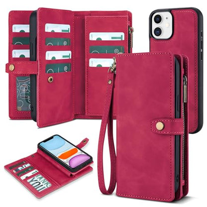 TwoHead for iPhone 11 Wallet case with 11 Card Holder (Wine Red) | Detachable Magnetic Phone Case, PU Leather Wallet for Women/Men,Wireless Charging Compatible,with Wrist Strap - color: Wine Red