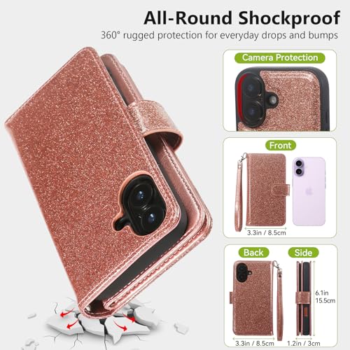 Varikke for iPhone 17 Glitter Case Wallet Magnetic Detachable, Rose Gold - color: (Standard) Rose Gold, size: iPhone 17 6.3"