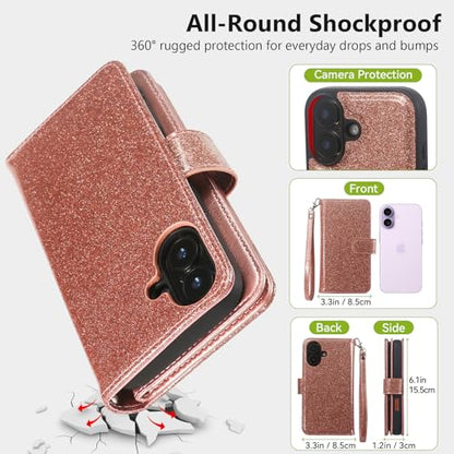 Varikke for iPhone 17 Glitter Case Wallet Magnetic Detachable, Rose Gold - color: (Standard) Rose Gold, size: iPhone 17 6.3"