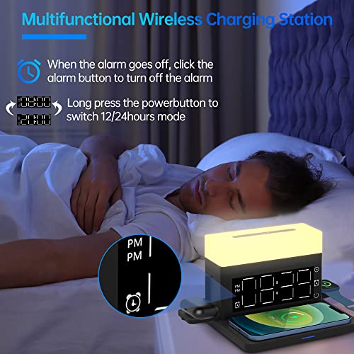 Wireless Charger,6 in 1 Wireless Charging Station with Digital Alarm Clock & Night Light,15W Fast Charger Compatible with iPhone 14/13/12/11/XS Samsung Galaxy AirPods & Apple Watch (Black)