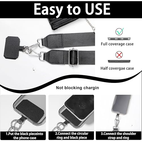 Clip and Go Phone Strap with Zippered Pouch,Phone Strap with Cellphone Chain Accessories - color: Black