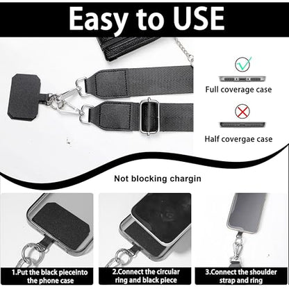 Clip and Go Phone Strap with Zippered Pouch,Phone Strap with Cellphone Chain Accessories - color: Black