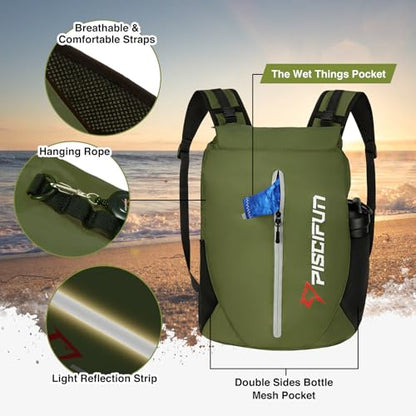 Piscifun Waterproof Floating Dry Backpack 10L/20L/30L | Lightweight and Durable, With Waist Pouch and Phone Case, Ideal for Kayaking, Camping, Beach, Boating, Swimming - color: Army Green, size: 20L