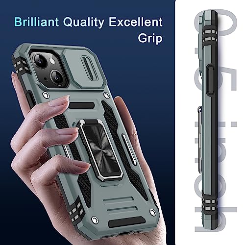 DEERLAMN Case for iPhone 13/iPhone 14 6.1-Inch with Slide Camera Cover+Screen Protector(2 Packs),Rotated Ring Kickstand Military Grade Shockproof Protective Cover-Grey - color: Grey