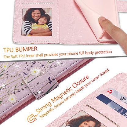 UEEBAI Wallet Case for iPhone 13 Pro Max, PU Leather Phone Cover Kickstand RFID Blocking Flip Case Card Slots Wrist Strap Relief Engraved Pattern Magnetic Closure Flower Folio Wallet, Lavender - color: Lavender, size: iPhone 13 Pro Max