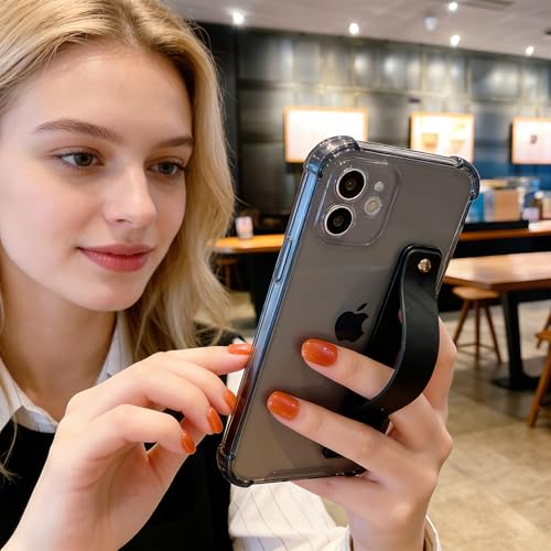 Compatible for iPhone 12 Case with Strap Holder Stand - Black | Wristband Kickstand, Clear Soft TPU, Adjustable Finger Hand Grip Loop, Shockproof Bumper Rugged Cover - color: Black, size: iPhone 12 6.1"