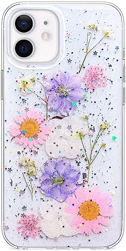 Abbery Designed for iPhone 12/12 Pro Case Clear with Pressed Flower Design Cute Bling Glitter Real Dried Pink Purple Floral Soft TPU Rubber Aesthetic Phone Cover for Women Girls - color: Glitter Flower, size: for iPhone 12/12 Pro