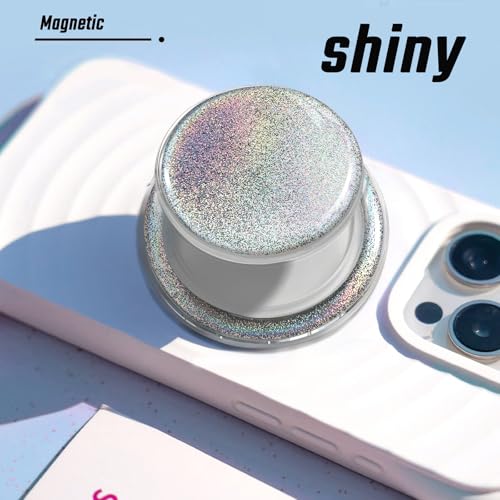 Magnetic Phone Grip, Foldable Magnet Stand & Universal Kickstand for Magsafe Smartphones, Tablet, Detachable Magnetic Grip, Sparkly Transparent Sliver Glitter