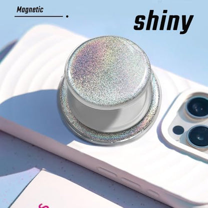 Magnetic Phone Grip, Foldable Magnet Stand & Universal Kickstand for Magsafe Smartphones, Tablet, Detachable Magnetic Grip, Sparkly Transparent Sliver Glitter