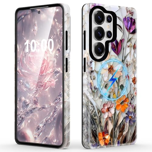 Design for SamsungGalaxy S26 Ultra Case Magnetic,Dual-Layer Hard PC TPU Protective Marble Pressed Flowers Phone Case for Women(White) - color: White, size: s26 ultra case