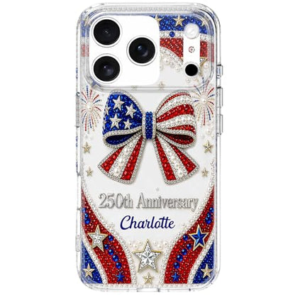 USA Anniversary Sparkling Bow, Personalized Clear Phone Case, Gift for Her