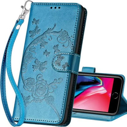 for iPhone SE 2022/7/8/SE 2020 Wallet case, Blue-Flower | 3 Card Holders, Kickstand, Shockproof TPU Shell, PU Leather, Magnetic Closure, Protective Flip Folio Cover, Women - color: 7