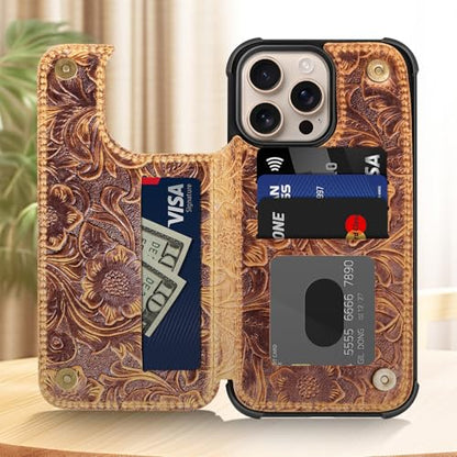 Wallet Real Leather Case Compatible With iPhone 16 Pro Max 6.9" | Genuine Leather,Shockproof,Anti-Fall Case,Flip Cover,with Card Slot,Double Magnetic Buckle,Kickstand,RFID Blocking Brown - color: Brown, size: 6.9"-16 Pro Max